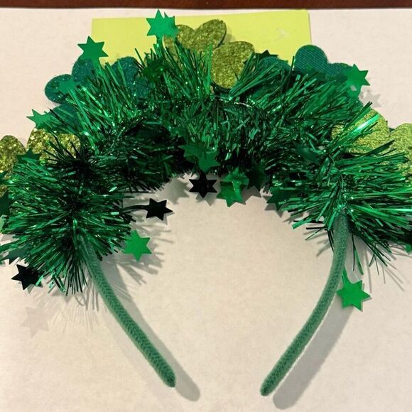 St. Patrick's Day Feelin' Lucky Jumbo Glitter Tinsel Clover Print Headband Green - Picture 1 of 10